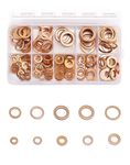 QWORK® Copper Washers Assorted Kit, 200 Pcs Flat Copper Sealing Washers Copper Gasket of 9 Sizes (M5 M6 M8 M10 M12 M14)