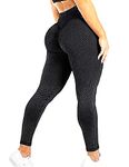 RIOJOY Womens High Waist Leggings 3D Mesh Knitted Ruched Butt Lifting Honeycomb Yoga Pants, 2 Black, M