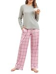 Famulily Ladies Fall Pjs Warm Pajamas Sets Loose Fit Sleepwear Knit Tops and Check Wide Leg Lounge Pants Sets Gray S