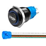 Gebildet 16mm 12V-24V/5A Momentary Switch, Speaker Horn Black Push Button with Pre-Wiring, Waterproof Metal Switch with Blue Led Light for Car Boat