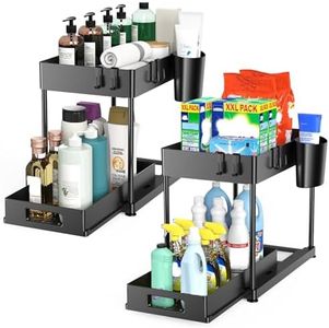 Kjfeoiye Under Sink Organizers and Storage, 2 Pack Large Capacity Heavy Load Pull-out Under Sink Shelves with Sliding Drawer for Kitchen and Bathroom, Black, 12 x 8.7 x 15.7 inch