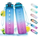 NAVTUE 1L Water Bottle with Straw, Sports Drinks Bottle with Time Markings, Leak Proof, Tritan BPA free for School/Cycling/Running (BluePurple)