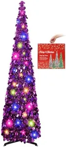 MACTING Christmas Pop Up Tree with 50 LED Lights 5FT Purple Collapsible Easy-Assembly Lighted Coastal Glitter Tinsel Tree for Porch Apartment Corner Home Party Christmas Mothers Day Decorations