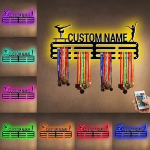 XIAO.Z Personalized Metal Gymnastics Medal Hanger Holder Display Rack for Awards Ribbons With Led Light- Custom Sports Medal Holder for Wall,Medal Hanger Display Award Rack With Boy Girl Kid's Name