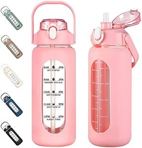 kytffu 56oz Glass Water Bottles with Straw, Motivational Glass Bottle with Silicone Sleeve and Time Marker, Leakproof Large Glass Water Jug for Gym Home Office,Pink