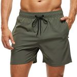 FEOYA Men Mesh Ling Board Shorts Swimwear Suit with Zipper Pockets Stretch Elastic Waist Volley Swim Short-Army Green/US L