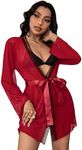 OYOANGLE Women's Lace Detail Lettuce Trim Long Sleeve Belted Sheer Mesh Robe without Lingerie Burgundy L