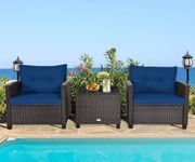 OMCCO Rattan and Wicker Chair Table 2 Seater Cushioned Patio Set with 1 Glass Top Center Table for Balcony Backyard Garden 2+1 Conversation Set (Navy Blue)