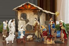 Fovths 16 Pieces Lighted Nativity Sets for Christmas Indoor Deluxe Edition Lighted Stable Resin Nativity Set Religious Nativity Manger Tabletop Resin Figures Holiday Tabletop Decor Set -7 inches Scale