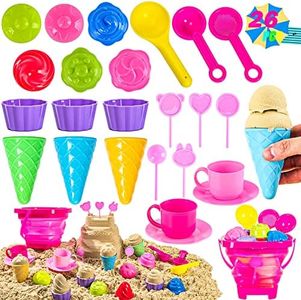 Kids Sand Toys Bulk, 26pcs Colorful Beach Toys with Ice Cream Molds Shovels and Collapsible Bucket Heavy Duty for Boys Girls Indoor/Outdoor Travel Party Play