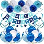 Birthday Decorations, Happy Birthday Decorations Party Supplies for Men Women Boys Girls - Blue Birthday Bunting Banner with Paper Pom Pom Flower Latex Confetti Balloons for 1st 21st 30th 40th 60th