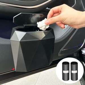 Wontolf Car Trash Can Bin with Lid, Small Car Garbage Can with 60pcs Trash Bags Leakproof Mini Car Accessories Trash Bin Car Dustbin Organizer Container for Car Office, Black, 5.7 inch
