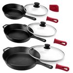 Cuisinel Cast Iron Skillets Set + Glass Lids - 8"+10"+12"-Inch Frying Pans + Silicone Handle Holder Covers - Pre-Seasoned Oven Cookware - Use Indoor/Outdoor, Grill, Stovetop, Camping Fire, Oven