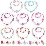 HIFOT 24 Pieces Princess Necklace Bracelet Rings Jewelry Set for Girl, Unicorn Fox Rainbow Butterfly Dolphin Crown Wooden Bead Jewelry Kit Kids Dress Up Party Favor Gifts