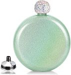 Round Hip Flask for Lady with Rhinestone Cap, Lovely Drink Flasks,Glitter Coating,Portable Whiskey Flask for Club Party and Evening,Capacity 5 oz (Green)