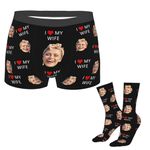 Custom I LOVE MY WIFE Men's Boxer Briefs and Socks Set Personalized Photo Face Novelty Boxer Briefs Customizable Underwear Boxers Socks Underpants Valentines Day Gifts for Boyfriend Husband Size-S