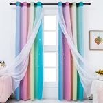 Anjee Star Curtains for Kids 2 in 1 Double Layer Blackout Curtains Grommets Top Star Cutout Ombre Rainbow Curtains with Sheer for Girls Bedroom 2 Panels,52 x 84 inch Long, Pink and Yellow