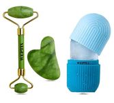 WEPTIX® 3D Manual Roller Face Body Massager With And Anti Aging 100% Natural Jade Stone Roller Msagger With Gua Sha Tools for Face and Body Massager- (NEW blue+Stone)