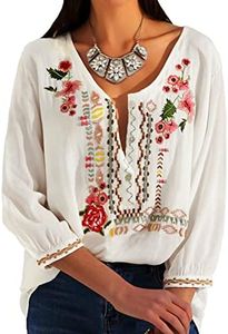 Women Embroidery Boho Shirt 3/4 Sleeve Mexican Bohemian Tops Tunic Blouse (049-White, 2XL)