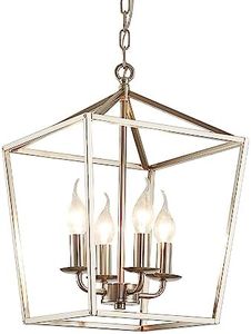 4-Light Brushed Nickel Farmhouse Chandelier, 12" Industrial Ceiling Light Lantern Pendant Light with Metal Cage Adjustable Height Rustic Hanging Light E12 Base for Kitchen Island Dining Room Entryway