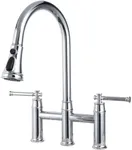 Chrome Bridge Kitchen Faucet with Pull Down Sprayer, Lava Odoro Transitional Brass Kitchen Sink Faucet 3 Hole 2 Handle Spot-Resistant, Lead-Free, KF501-C