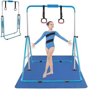 YEEGO DIRECT Gymnastics Bar for Kids, Adjustable Folding Gymnastics Bar with Mat, 3-9 Years 140lbs Capacity, Home Gym Equipment with Rings for Indoor Outdoor Use (Blue & Black)