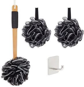 Loofah Bath Set with 1 Loofah on A Stick, 2 Sponge Poufs, and 1 Shower Hook
