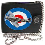 Klassek Spitfire Flying Royal Air Force WW2 Mens Wallet with Chain Real Leather RFID Blocking with Coin Pocket and Metal Gift Box