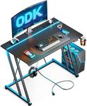 ODK Gaming Desk with LED Lights & Power Outlet, Gaming Table with Cup Holder and Headphone Hook, Double Z Frame Design Computer Desk Carbon Fiber Black 80 cm