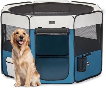 PETSFIT Dog Playpen, 45.5" Dia Pop Up Foldable Large Dog Kennel Indoor Outdoor Travel Portable Pet Playpen with Carring Case Zipper Removable Mesh Top Cover and Leakproof Playpen Bottom Mat Blue L