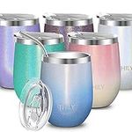 THILY Stainless Steel Wine Tumbler Insulated Stemless Wine Glass Travel Coffee Cup with Sliding Lid and Reusable Straw, Keep Cold & Hot for Coffee, Cocktails, Drinks, Glitter Blue Sky