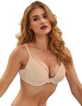 ohmydear Comfort Bras for Women Plus Size Smooth Ladies Bras Underwired T Shirt Bra Deep V Everyday Bras, 38D Beige