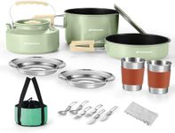 Odoland Camping Cookware Set Non-Stick Pot and Pan Set with Kettle, Stainless Steel Utensils Mess Kit, Cups Plates Knives Spoons Forks for Outdoor Cooking