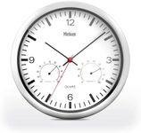 Mebus Quartz Wall Clock with Thermometer and Hygrometer Silver Frame White Dial 25 cm Diameter Round Model: 56730 Colour: Silver, White