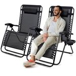 SUNMER Extra Wide Set of 2 Sun Lounger Garden Chairs With Cup And Phone Holder - Deck Folding Recliner Zero Gravity Outdoor Chair -Black