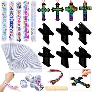 Frienda 100 Pcs Religious DIY Crafts Kits, Bible Verse Slap Bracelet Cross Scratch Ornaments Jesus Blank Slap Bands Rainbow Craft Bookmark for Kid Christian Gift Sunday School Classroom Decor Supplies