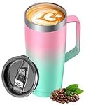 Lyrifine 24oz Coffee Travel Mug, Portable Travel Mug with Handle for Car, Double Wall Vacuum Coffee Mug, Keep Cold/Hot, Coffee Tumbler Travel Mug with Sliding Lid for Gift, Pink-Green