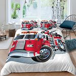 Loussiesd Boys Fire Truck Bedding Set Kids Red Fire Engine Pattern Comforter Cover for Children Teens Car Vehicle Print Duvet Cover Fire Fighting Truck Bedspread Cover Room Decor Quilt Cover Single