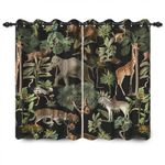 YongFoto 168x229cm Animal World Blackout Curtains Jungle Wildlife World Elephant Giraffe Wild Safari Green Forest for Living Room Bedroom Window Drapes, 2 Panels Home Set With Holes