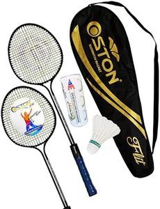OSTON Flit Alloy Steel Double Shaft Badminton Rackets Two Piece Three Feather Shuttlecocks with Full Cover (Black)