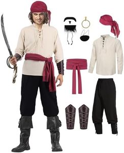 Ruimeier 8 Pcs Pirate Costume Men Adult Halloween Medieval Renaissance Costumes Set Viking Shirt Ankle Strap Pants with Accessories Eye Patch Sash Head Scarf Arm Guards Pirate Earring Beard SD098S