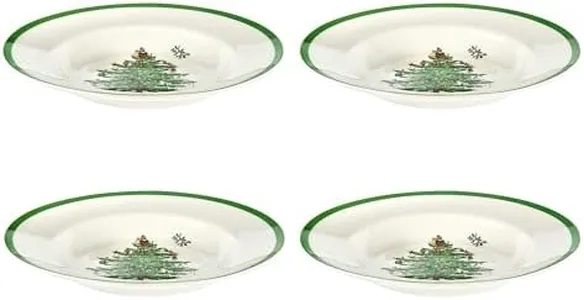 Spode Christmas Tree 9" Soup Plate (Set of 4) - Stoneware Soup Bowls with Festive Tree Design & Green Rim, Ideal for Serving Soup, Pasta, Salad - Microwave & Dishwasher Safe Holiday Dinnerware