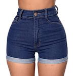 Pnadty Women's High Waisted Elastic Denim Shorts Summer Fashion Folded Hem Jean Shorts(Dark Blue,Large)