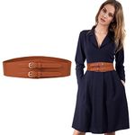 AWAYTR Wide Waist Belts for Women Dresses - Double D-Ring Elastic Stretchy Belt Leather Wide Belts Ladies Cinch Belt, Brown, L:33.5-43"