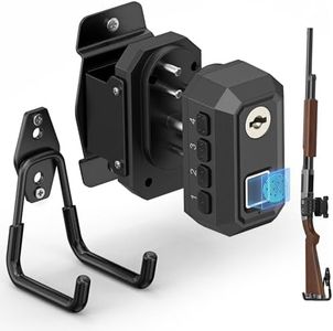 ONNAIS Gun Lock Wall Mount - Quick Access Biometric Trigger Lock with Gun Rack for Wall, Vertical Heavy Metal Wall Hooks for Rifle, Shotgun & Pistol, Space-Saving Hidden Storage for Garage, Desk, Car