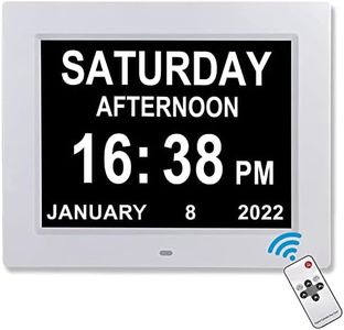 Upgraded Digital Calendar Alarm Day Clock - 8" Large Screen Display, am pm, 12 Alarm, Remote Control, for Extra Large Impaired Vision People, Aged Seniors, The Dementia, Desk, Wall Mounted (White)