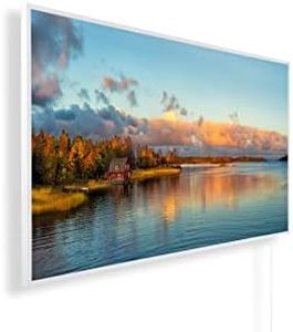 Könighaus Infrarotheizung – 4 Jahreszeiten – TÜV SÜD - 1200 Watt + Könighaus Thermostat - Weißer Rahmen (Herbst Motiv: 01. Haus am See)
