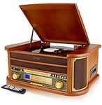 Denver 8-in-1 CD Cassette Player Retro Wooden Record Player HiFi System – 3 Speed Vinyl Turntable & Cassette With CD Player, FM/AM Radio, MP3 USB Recording, AUX IN And Line Out – MCR-50