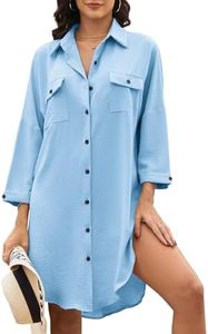 Tuopuda Camisa Suelto de Bikini Cover Up Manga 3/4 Enrollada Casual Vestido Botón Abajo Largos Blusa Tops con Bolsillo Camisolas Vestido de Playa Cárdigan Cover Up Verano Sólido Blusa(Azul,XL)