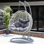 MSZ Double Hanging Egg Chair – Light Grey Cocoon Swing Seat with Cushions | Garden Rattan Hanging Chair for 2 | Indoor Outdoor Patio Balcony Egg Swing | Stylish & Comfy Hammock Seat